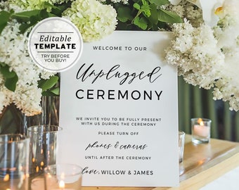 Minimalist Unplugged Wedding Ceremony Sign, Printable | EDITABLE TEMPLATE #002