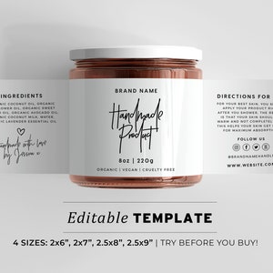 Modello di etichetta per barattolo, etichetta avvolgente per ingredienti, etichetta per prodotti per piccole imprese di estetista minimalista, stampabile e modificabile #050 #043 Juliette