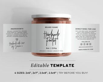 Minimalist Wrap Around Jar Label Template - 4 Sizes: 2x6" / 2x7"/ 2.5x8" / 2.5x9" | EDITABLE TEMPLATE #050 #043 Juliette