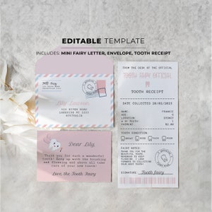 Plantillas editables del kit de cartas del Hada de los Dientes: incluye mini sobre, carta, recibo de dientes/impresión personalizable de bricolaje en casa