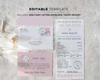 Tooth Fairy Letter Kit Editable Templates - Includes Mini Envelope, Letter, Tooth Receipt | DIY Personalizable Print at Home Set