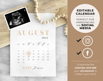 Nue Digital Social Media Due Date Calendar Pregnancy Announcement, EDITABLE TEMPLATE