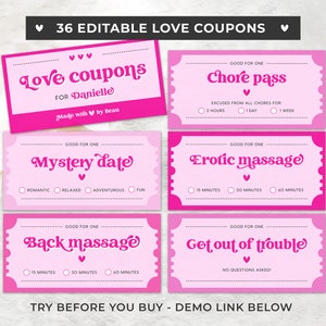 Afdrukbare liefdescoupons, romantische coupons, Valentijnsdagcadeau | BEWERKBARE SJABLOON #082