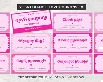 Printable Love Coupons, Romantic Coupons, Valentine’s Day Gift | EDITABLE TEMPLATE #082