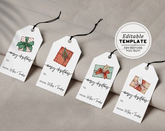 Christmas Gift Swing Tags, Editable Template, Printable, Set of 4 Designs, Merry Christmas Gift Tag, Christmas Tag Design