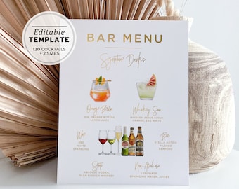 Juliette Gold Bar Menu Template, Watercolor Editable Drink Menu, Minimalist Printable Bar Menu, Signature Drink Sign, 120+ Drink Images #017