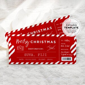 Modèle de carte d'embarquement pour Noël, Billet pour les vacances de Noël, Cadeau billet d'avion, Billet d'avion surprise | MODÈLE MODIFIABLE IMPRIMABLE #082