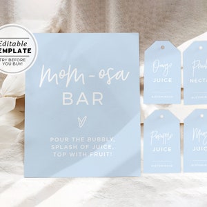 Powder Blue 'MOM-osa Bar' Sign and Tag Templates, Baby Shower Printable Mimosa Sign | EDITABLE TEMPLATE #036