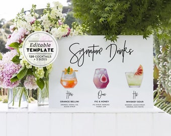 Juliette Watercolor Signature Cocktails Sign - Pick from 120+ Cocktail Illustrations, His Hers Drinks Template | EDITABLE TEMPLATE #004