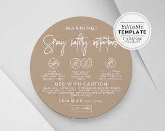 Minimalist Room Spray Warning Label Template, Printable Spray Safety Sticker, Sizes: 1.5" / 2" / 3" | PRINTABLE TEMPLATE #052 #043