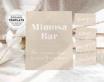 Scandi Minimalist Mimosa Bar Sign Template and Tags Set, Printable Mimosa Sign | EDITABLE TEMPLATE #047