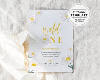 Wild One, Wild Daisies Birthday Party Birthday Invitation Template | EDITABLE TEMPLATE