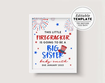 Firecracker Big Sister 4th of July, Memorial Day, Pregnancy Announcement, Photo Prop Sign Template | EDITABLE TEMPLATE