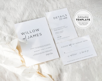 Editable Kiki Minimalist Wedding Invitation, RSVP and Details Set of 3 Printable | EDITABLE TEMPLATE #004