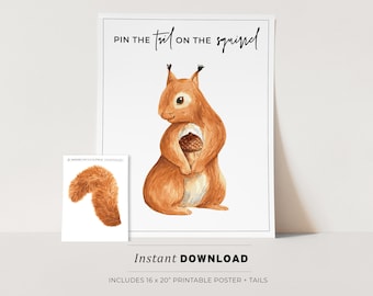 Pin the Tail on the Squirrel Kids Party Game Printable Poster, Birthday Party Game, INSTANT DOWNLOAD