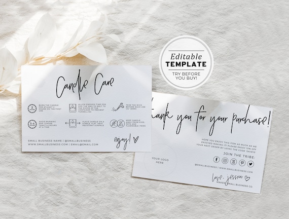 Juliette Minimalist Candle Care Card and Thank You Card with Icons, Thank You Package Insert | EDITABLE TEMPLATE #050 #043
