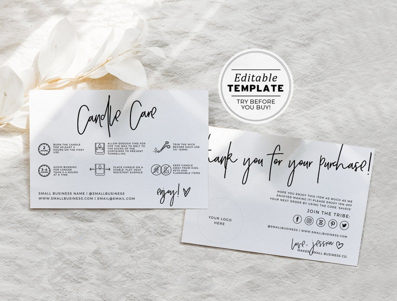 Juliette Minimalist Candle Care Card e biglietto di ringraziamento con icone, inserto per il pacchetto di ringraziamento / MODELLO MODIFICABILE #050 #043 immagine 1