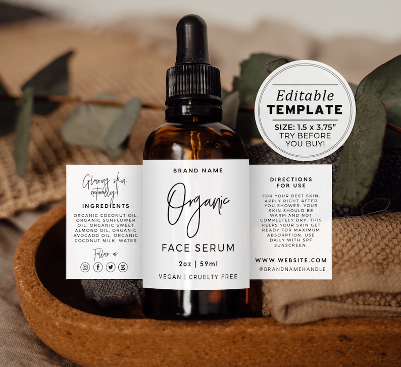 May include: A brown glass bottle with a dropper top and a white label. The label says "Organic Face Serum" and lists the ingredients, directions for use, and the brand name. The bottle is sitting on a wooden surface.