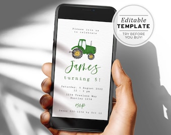 Minimalist Green Tractor Theme Birthday Party evite, Electronic Invite Template | EDITABLE TEMPLATE #058