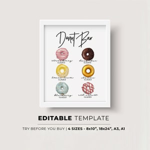 Juliette Minimalist Donut Bar Sign Template Pick from 88 Watercolor Illustrations, EDITABLE TEMPLATE, Printable 004 image 1