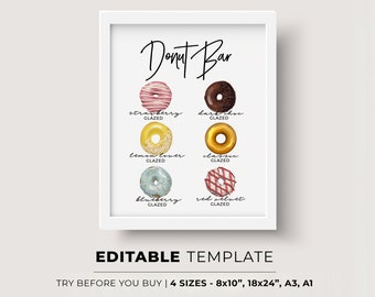 Juliette Minimalist Donut Bar Sign Template - Pick from 88+ Watercolor Illustrations, EDITABLE TEMPLATE, Printable #004