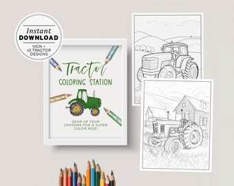 Green Tractor Coloring Station Bundle Includes 2 Tractor Coloring Pages and Sigs | INSTANT DOWNLOAD #058