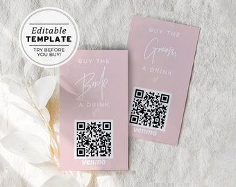 Buy the Bride a Drink, Buy the Groom a Drink Venmo Card, Paypal, QR Code, Cash App Card Template | EDITABLE TEMPLATE Juliette #035 Blush
