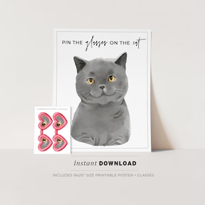 Pin the Glasses on the Cat Kids Party Game Printable Poster, Birthday Party Game, British Blue Cat INSTANT DOWNLOAD