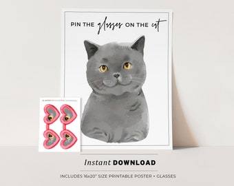 Pin the Glasses on the Cat Kids Party Game Printable Poster, Birthday Party Game, British Blue Cat INSTANT DOWNLOAD