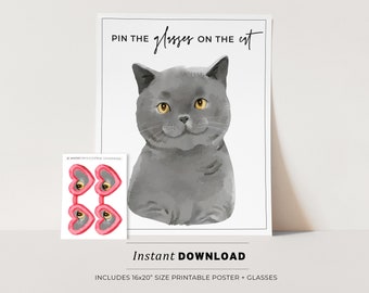 Gioco Pin The Hat On The Cat Per Feste Bambini – 48 Pezzi Con Poster E Adesivi, Decorazioni Tema Gatto Per Compleanno E Bomboniere