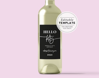 HELLO FIFTY Willow Minimalist 50th Birthday Party Wine Label Template, Custom Wine Label, Birthday Party Favor, Editable Template #028