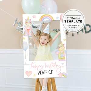 Miss Polly Watercolor Unicorn Photo Prop Frame Template, Printable Selfie Frame, Photobooth Prop | EDITABLE TEMPLATE #083