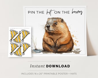 Pin the Hat on the Beaver Kids Party Game Printable Poster, Birthday Party Game | INSTANT DOWNLOAD