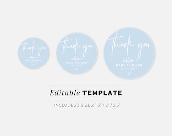 Powder Blue Round Sticker Baby Shower Favor Template - 3 Sizes: 1.5"/2"/2.5" | EDITABLE TEMPLATE #036