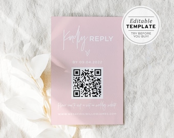 Blush Minimalist QR Code Response Card, Qr Code Rsvp Card, Rsvp Online, Printable | EDITABLE TEMPLATE #035