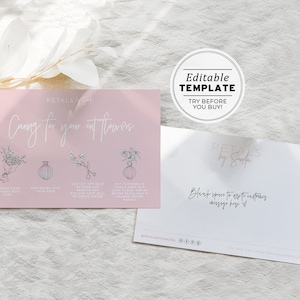 Instructions d'entretien et carte pour joindre les fleurs fraîchement coupées du fleuriste minimaliste Blush | MODÈLE MODIFIABLE #051 #043