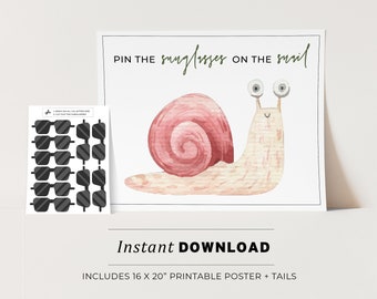 Cute Kids Party Game, Pin the Sunglasses on the Snail Printable Poster, Birthday Party Game, INSTANT DOWNLOAD