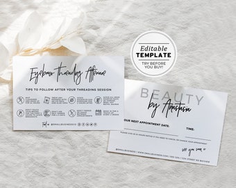 Juliette Minimalist Eyebrow Threading Aftercare and Appointment Card, Aftercare Instructions | PRINTABLE EDITABLE TEMPLATE #050 #043