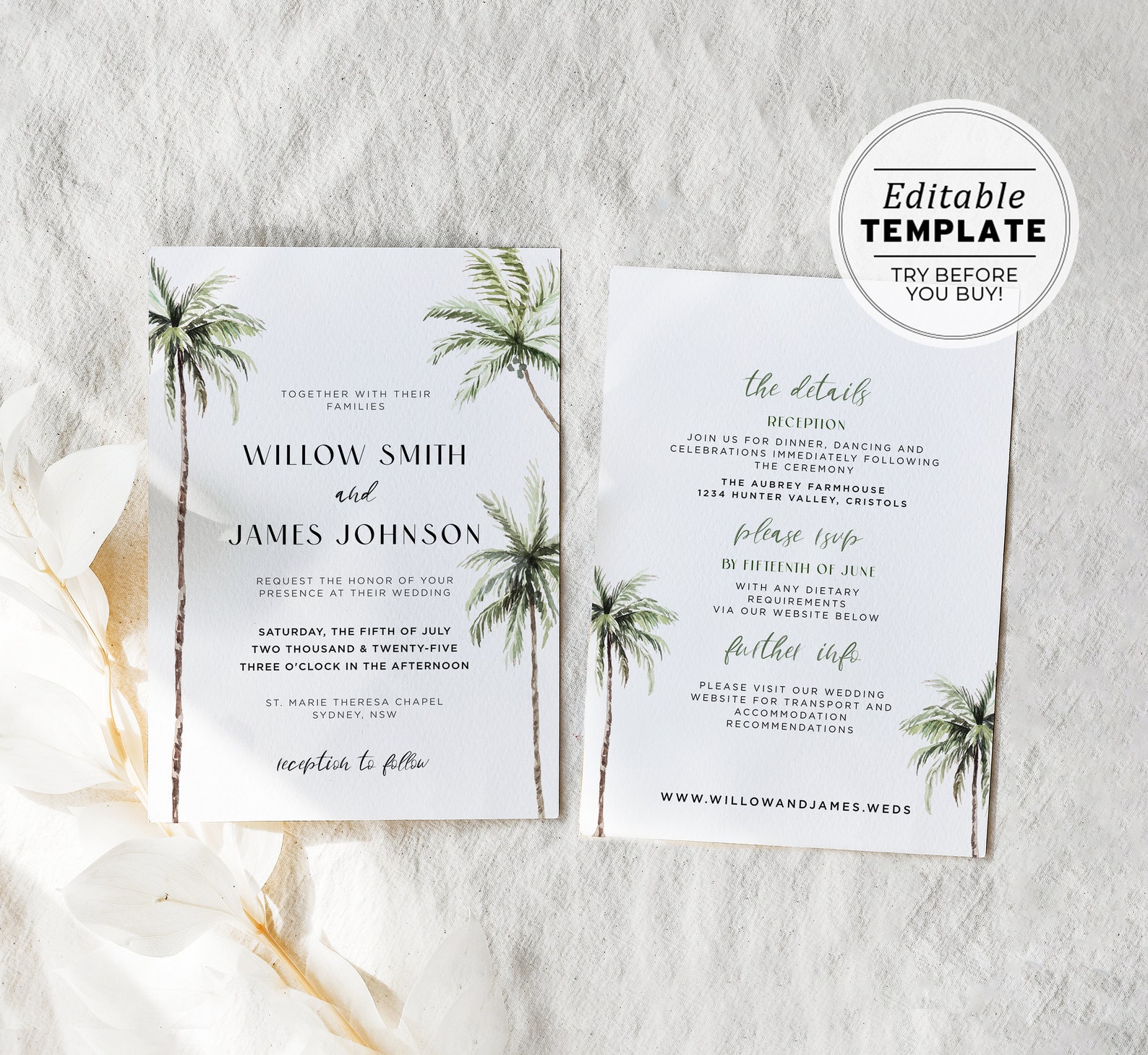 Palm Tree Wedding Invitation Template, Destination Wedding Invite ...
