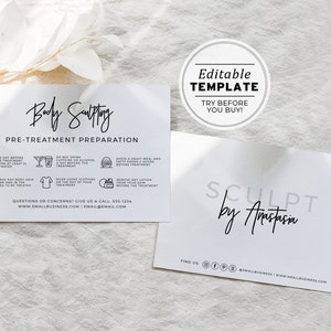 Juliette Minimalist Body Sculpting Pre-Treatment Care Card Template, Editable AfterCare Card | EDITABLE TEMPLATE #050 #043
