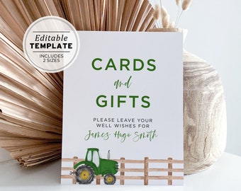 Minimalist Green Tractor Theme Cards and Gifts Sign, Printable | EDITABLE TEMPLATE #058