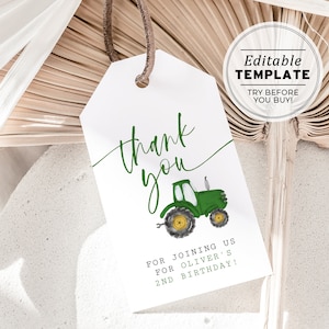 Minimalist Green Tractor Theme Party Favor Tag, Thank you Tag | EDITABLE TEMPLATE, Printable #058