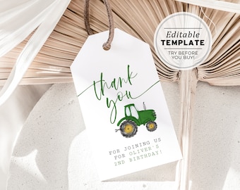 Minimalist Green Tractor Theme Party Favor Tag, Thank you Tag | EDITABLE TEMPLATE, Printable #058