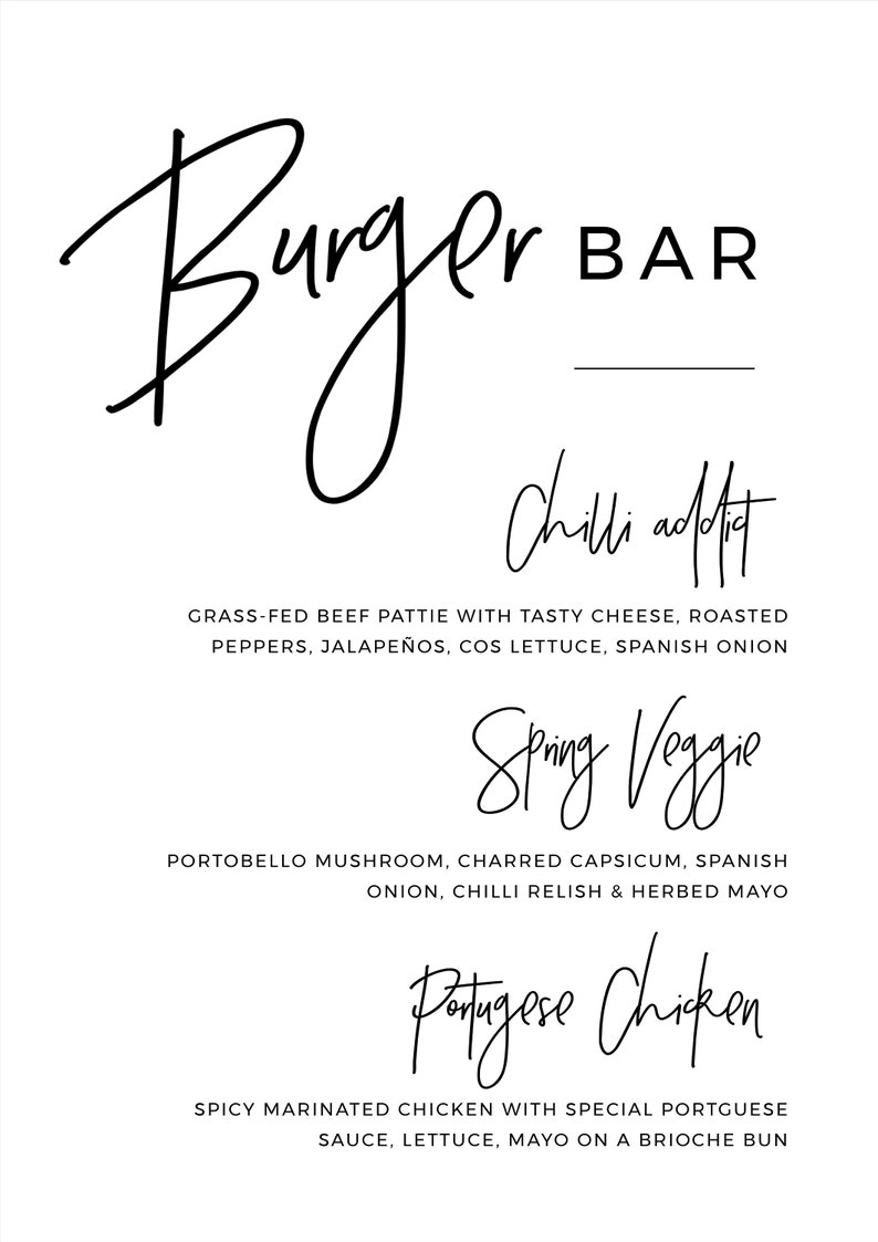 Juliette Minimalist Burger Bar Slider Bar Menu Sign Bar Menu Etsy