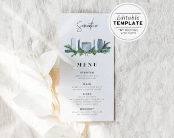 Candles Laurel Minimalist Christmas Dinner Menu with Guest Names | EDITABLE TEMPLATE #021