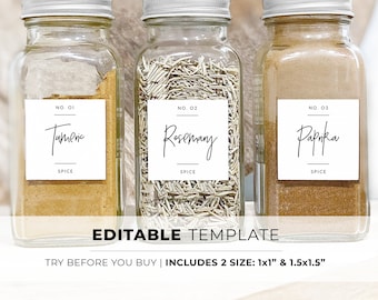 Handwritten Spice Jar Label Template - Square, 2 Sizes Minimalist Pantry Printable | EDITABLE TEMPLATE #004