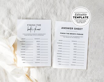 Juliette Bridal Shower Finish the Bride's Phrase Game, Wedding Shower Game, Hen's Party Game | EDITABLE TEMPLATE #004