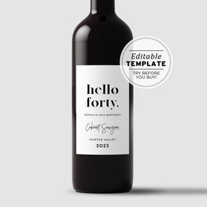 HELLO FORTY Minimalist 40th Birthday Party Wine Label Template | Editable Template, Printable #008