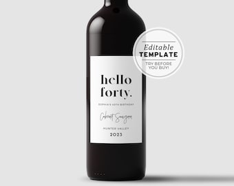 HELLO FORTY Minimalist 40th Birthday Party Wine Label Template | Editable Template, Printable #008