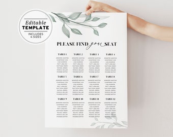 Chelsea Leafy Wedding Seating Sign Template, Wedding Reception Sign, Editable Seating Chart, Edit & Print, Printable #068